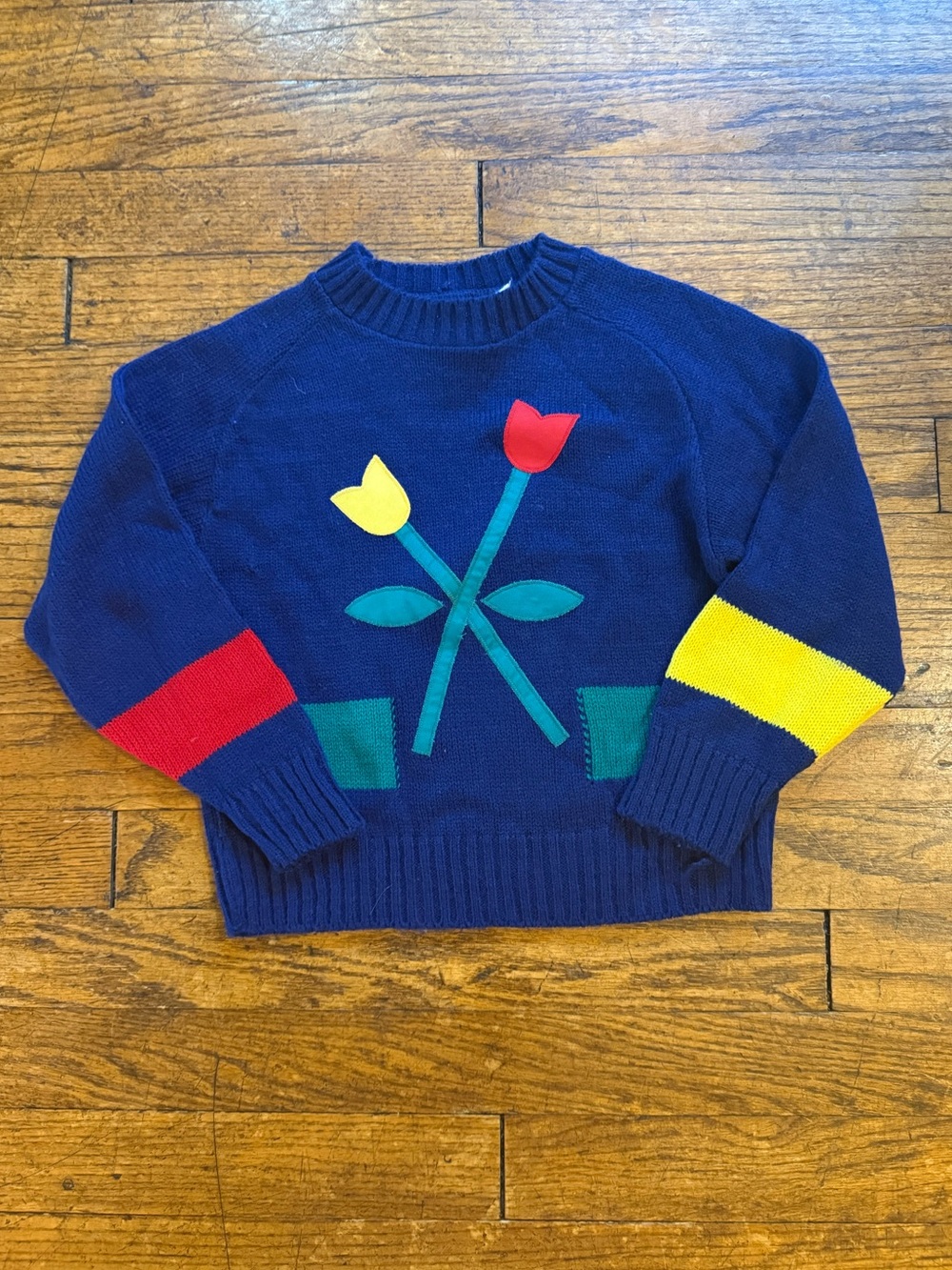 Vintage Florence Eiseman Navy Knit Sweater with Tulips